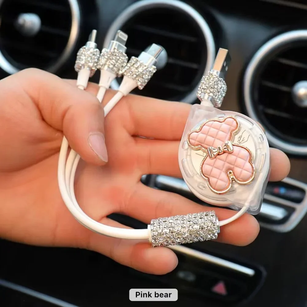 luxury 3-in-1 Charging Cable with Sparkly Rhinestones & bear design
